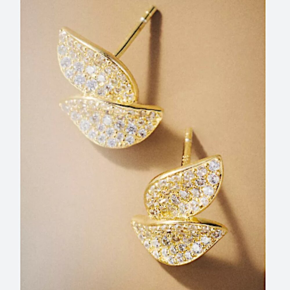 NEW~ Anthropologie Shashi Gold Pavé Leaf Stud Earrings